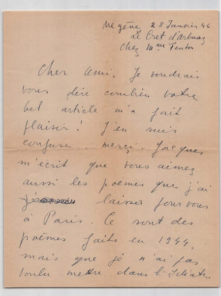Assia Lassaigue - Lettre autographe sign&eacute;e – R&eacute;flexions sur Idiote, po&eacute;sie. Assia Lassaigue