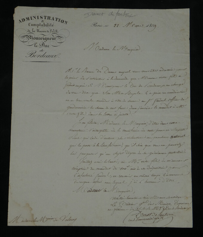 Anselme Barth&eacute;l&eacute;my Drouet de Santerre - Lettre autographe sign&eacute;e - 1829. Anselme Barth&eacute;l&eacute;my Drouet de Santerre