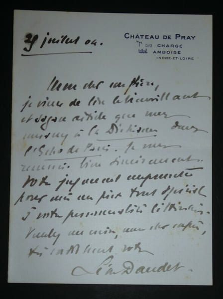 DAUDET L&eacute;on - LETTRE AUTOGRAPHE SIGN&Eacute;E, CHATEAU DE PRAY, AMBOISE 1904. L&eacute;on Daudet