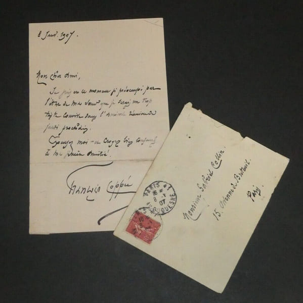 Fran&ccedil;ois Copp&eacute;e - Lettre autographe sign&eacute;e &agrave; M. Collin avec enveloppe 1907. Fran&ccedil;ois Copp&eacute;e