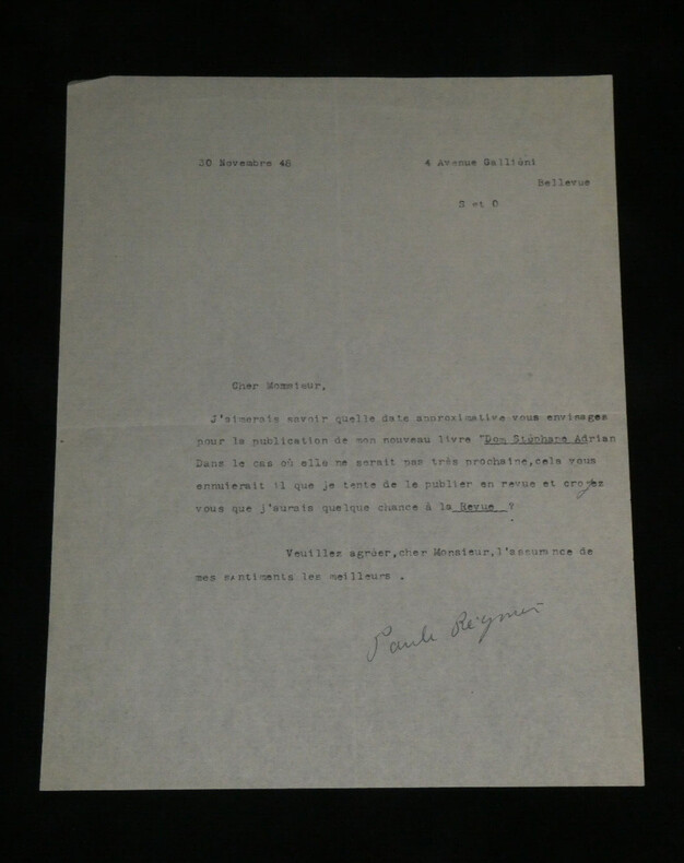 Paule R&eacute;gnier - Lettre dactylographi&eacute;e sign&eacute;e - 1948. Paule R&eacute;gnier