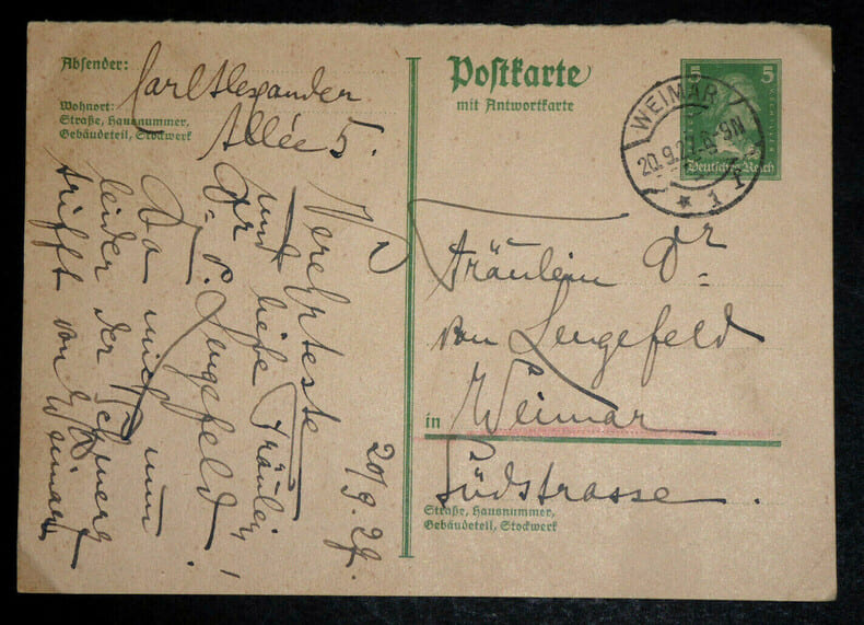 Erika Von Watzdorf-Bachoff - Carte postale autographe sign&eacute;e - 20 septembre 1927. Erika Von Watzdorf-Bachoff
