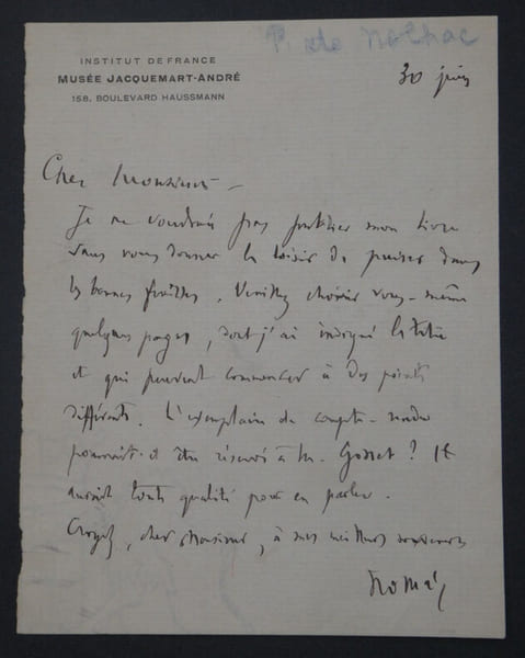 Pierre de NOLHAC, Historien - LETTRE AUTOGRAPHE SIGN&Eacute;E. Pierre de NOLHAC