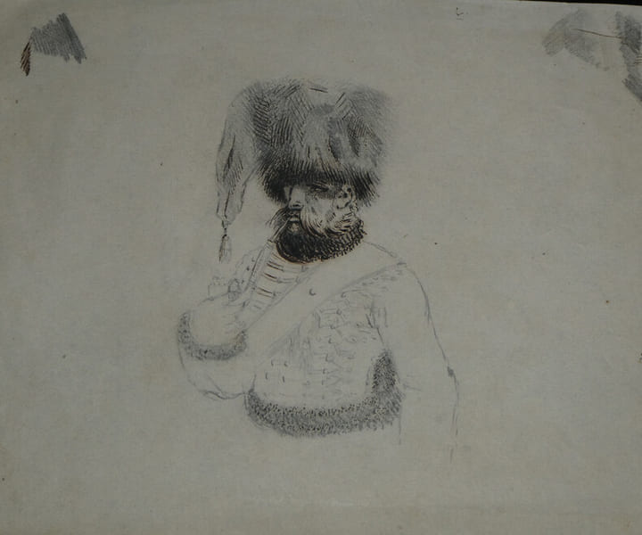 Dessin au crayon et encre - Hussard fumant la pipe - XIX&egrave;me. Anonyme
