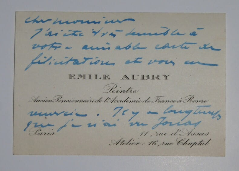 Carte de visite simple autographe - Acad&eacute;mie de France &agrave; Rome. Emile AUBRY