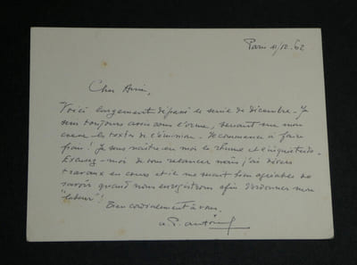 André-Paul ANTOINE - Carte lettre autographe signée - 1962