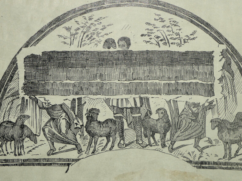 D&eacute;coration mutil&eacute;e d'un arcosolium — Dessin original sign&eacute;, encre vers 1930. Louis Henri Laffill&eacute;e