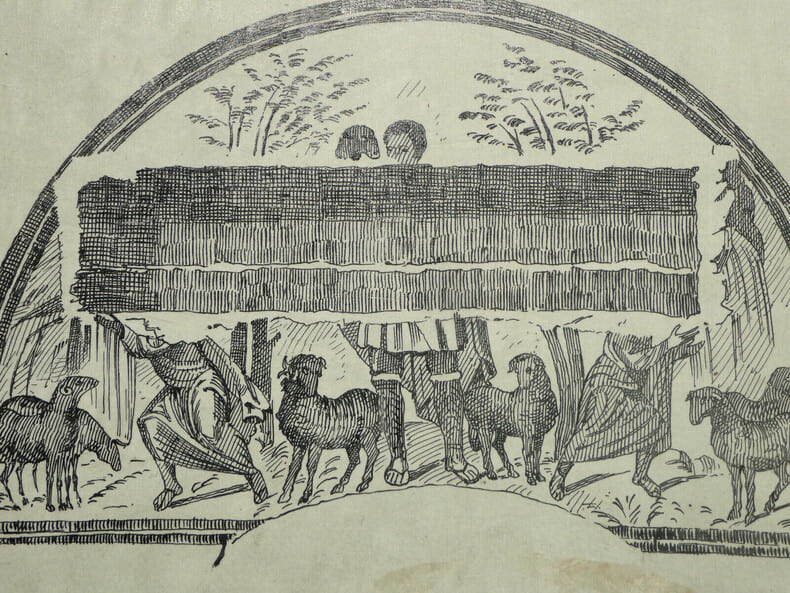 D&eacute;coration mutil&eacute;e d'un arcosolium — Dessin original sign&eacute;, encre vers 1930. Louis Henri Laffill&eacute;e
