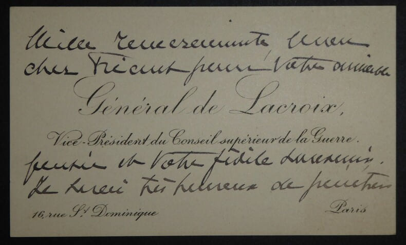 G&Eacute;N&Eacute;RAL DE LACROIX Henri - CARTE DE VISITE, CONSEIL DE LA GUERRE, PARIS. Henri de Lacroix