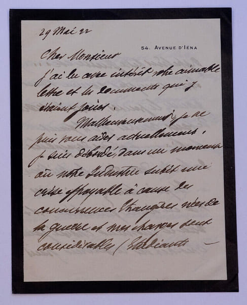 &Eacute;mile DEUTSCH DE LA MEURTHE - BELLE LETTRE AUTOGRAPHE SIGN&Eacute;E DU 29 MAI 1922. &Eacute;mile DEUTSCH DE LA MEURTHE