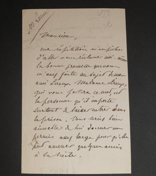 Emile AUGIER - LETTRE AUTOGRAPHE SIGN&Eacute;E, 2 pages, laissez-passer pour la prison. Emile AUGIER