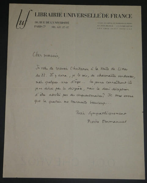 Pierre EMMANUEL - Lettre Autographe Sign&eacute;e - "charmantes vendeuses". Pierre EMMANUEL