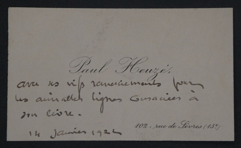 Paul HEUZ&Eacute;, &Eacute;crivain - CARTE DE VISITE AUTOGRAPHE DE REMERCIEMENTS, 1922. Paul HEUZ&Eacute;