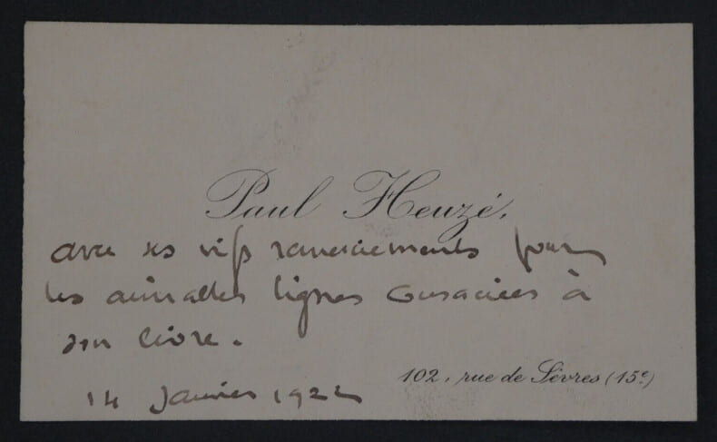 Paul HEUZ&Eacute;, &Eacute;crivain - CARTE DE VISITE AUTOGRAPHE DE REMERCIEMENTS, 1922. Paul HEUZ&Eacute;