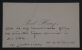 Paul HEUZ&Eacute;, &Eacute;crivain - CARTE DE VISITE AUTOGRAPHE DE REMERCIEMENTS, 1922. Paul HEUZ&Eacute;