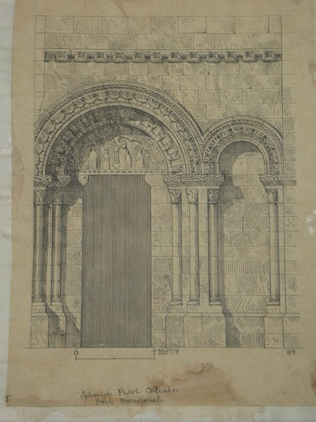 Porte lat&eacute;rale de l'&eacute;glise de Putot (Calvados) - Dessin original sign&eacute; &agrave; l'encre vers 1930. Louis Henri Laffill&eacute;e