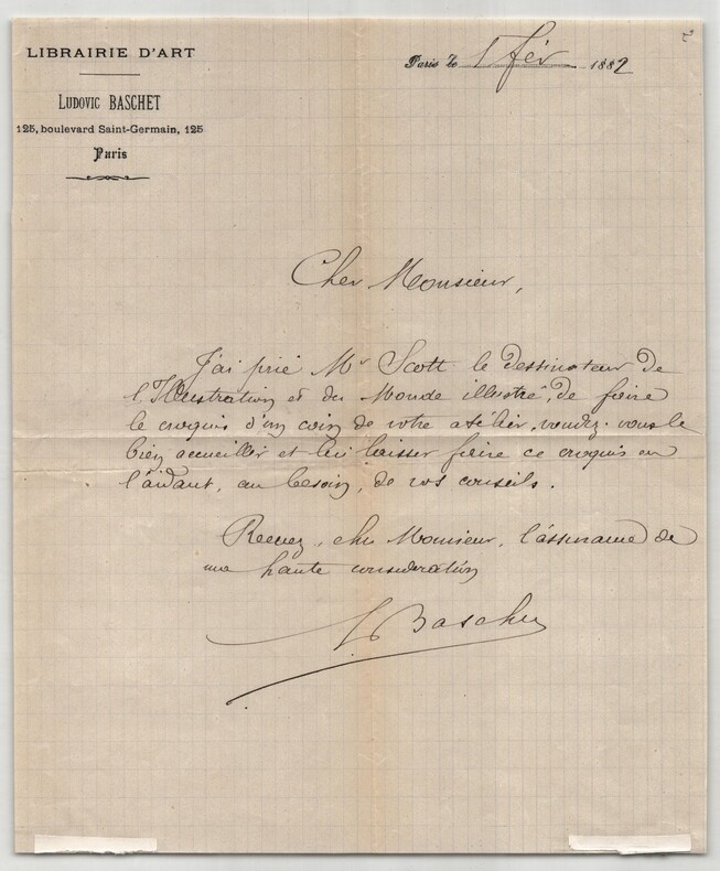 Ludovic Baschet. Lettre autographe sign&eacute;e, L'Illustration et Monde Illustr&eacute;, 1882. Ludovic Baschet