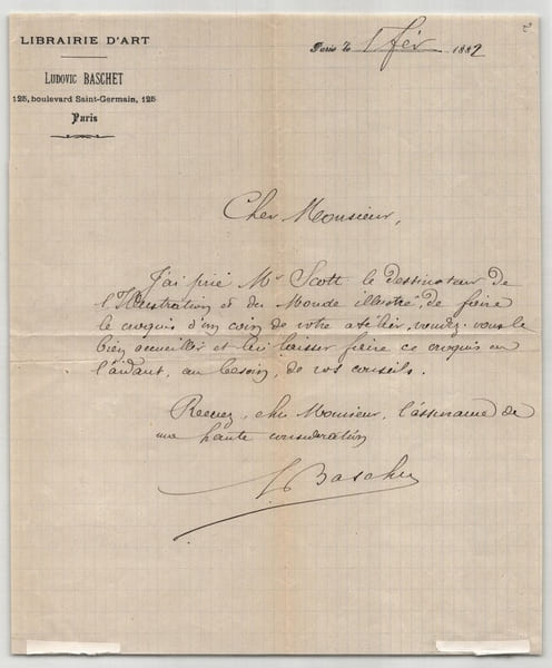 Ludovic Baschet. Lettre autographe sign&eacute;e, L'Illustration et Monde Illustr&eacute;, 1882. Ludovic Baschet