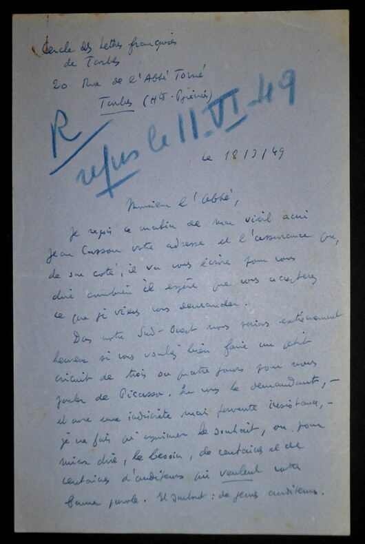 MOHRANGE Pierre - LETTRE AUTOGRAPHE SIGN&Eacute;E, CERCLE LETTRES FRAN&Ccedil;AISES TARBES 1949. Pierre Mohrange