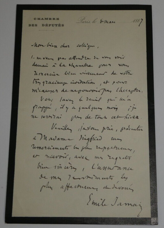&Eacute;mile JAMAIS, Homme politique - LETTRE AUTOGRAPHE SIGN&Eacute;E, Paris, 1887. &Eacute;mile JAMAIS