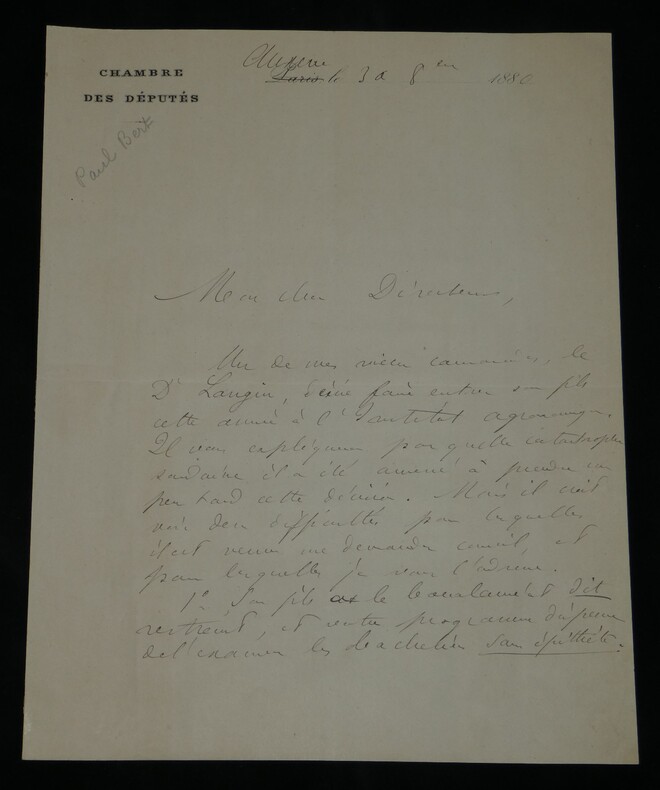 Paul Bert - Lettre autographe sign&eacute;e &agrave; Eug&egrave;ne Risler - Chambre des d&eacute;put&eacute;s, 1880. Paul Bert