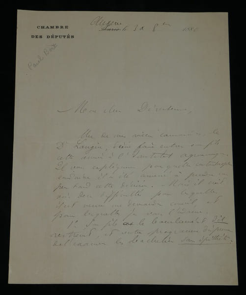 Paul Bert - Lettre autographe sign&eacute;e &agrave; Eug&egrave;ne Risler - Chambre des d&eacute;put&eacute;s, 1880. Paul Bert