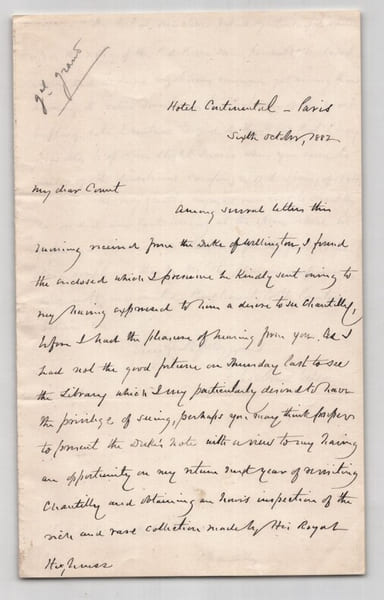 James Grant Wilson - Lettre autographe sign&eacute;e – Paris – &agrave; propos de la biblioth&egrave;que du duc d'Aumale &agrave; Chantilly - 1882. James Grant Wilson