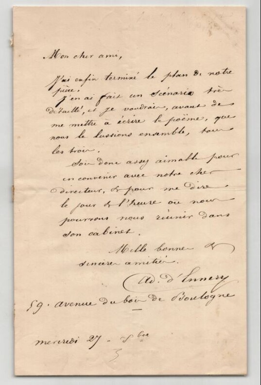 Adolphe d'Ennery - Lettre autographe sign&eacute;e sur le plan d'une pi&egrave;ce 1855. Adolphe d'Ennery