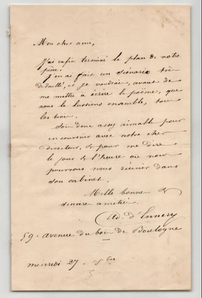 Adolphe d'Ennery - Lettre autographe sign&eacute;e sur le plan d'une pi&egrave;ce 1855. Adolphe d'Ennery