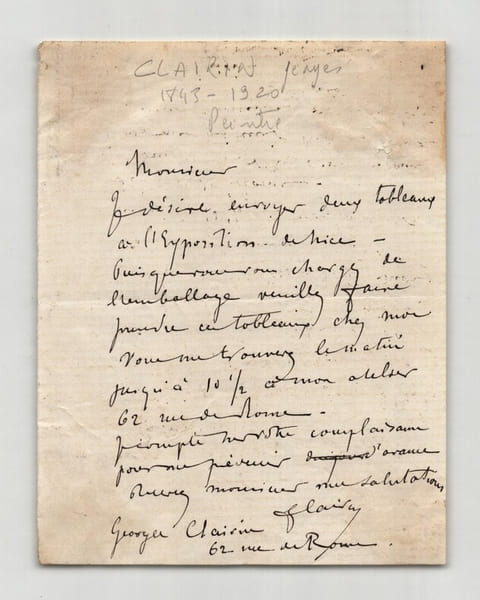 Georges Clairin - Lettre autographe sign&eacute;e - "Tableaux &agrave; l'Exposition de Nice". Georges Clairin