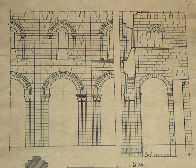 Trav&eacute;e de l'&eacute;glise de Montivilliers (Seine-Inf.), XIIe si&egrave;cle — Dessin original sign&eacute;. Louis Henri Laffill&eacute;e