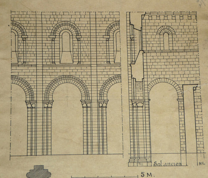 Trav&eacute;e de l'&eacute;glise de Montivilliers (Seine-Inf.), XIIe si&egrave;cle — Dessin original sign&eacute;. Louis Henri Laffill&eacute;e
