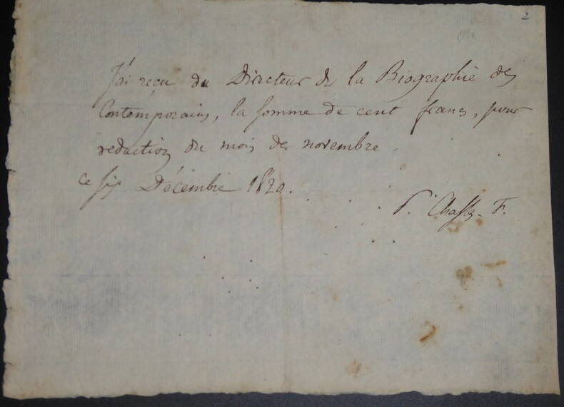 CHASLES Philar&egrave;te - Re&ccedil;u AUTOGRAPHE SIGNEE 1820. Philar&egrave;te Chasles