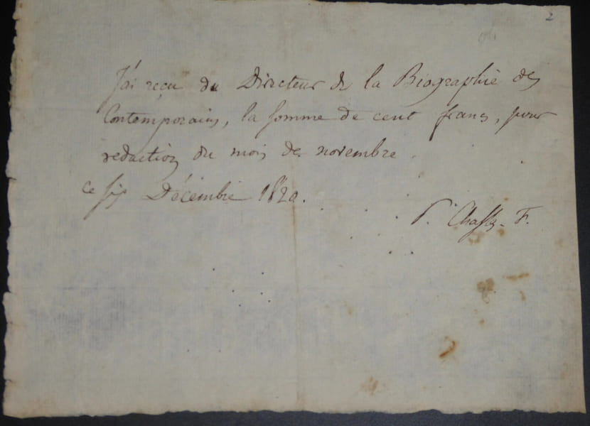 CHASLES Philar&egrave;te - Re&ccedil;u AUTOGRAPHE SIGNEE 1820. Chasles, Philar&egrave;te
