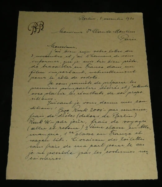 Betty Bird - Lettre autographe sign&eacute;e "pr&ecirc;te de travailler en France" 1930. Betty Bird