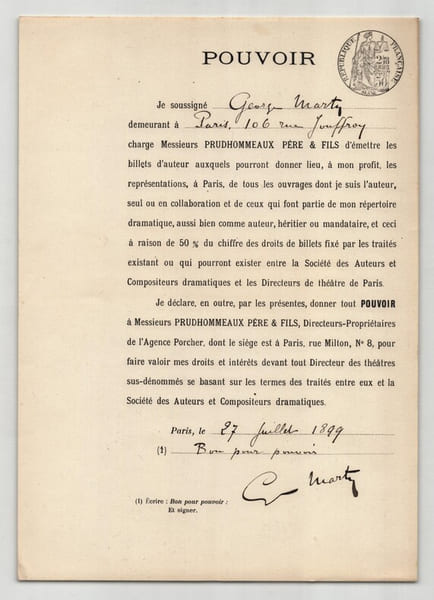 Pouvoir sign&eacute; par Georges Marty – Collection coh&eacute;rente de 50 auteurs & musiciens. Georges Marty