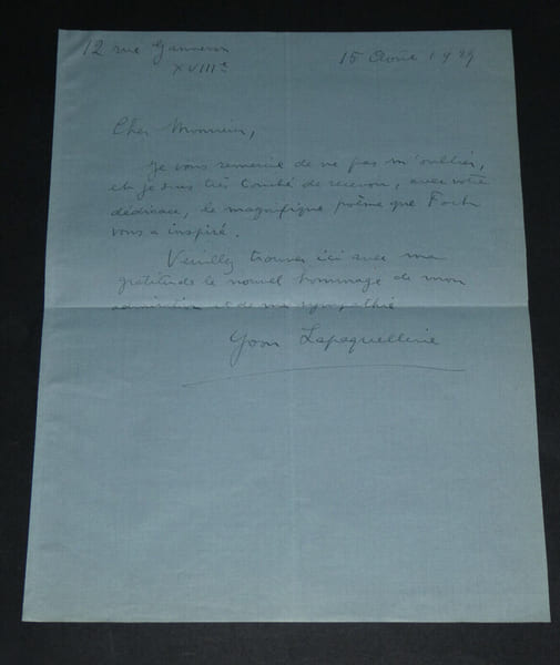 Yvon Lapaquellerie - Rare lettre autographe sign&eacute;e &agrave; Armand Godoy - Foch - 1929. Yvon Lapaquellerie