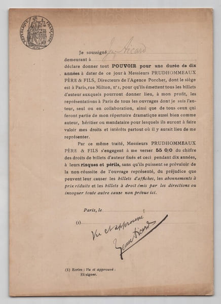 Pouvoir sign&eacute; par Jean Aicard - Collection de 25 auteurs & musiciens. Jean Aicard