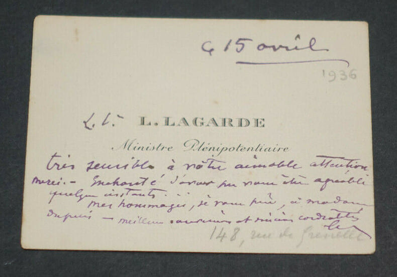 L&eacute;once LAGARDE, ministre pl&eacute;nipotentiaire - CARTE AUTOGRAPHE SIGNEE. L&eacute;once Lagarde
