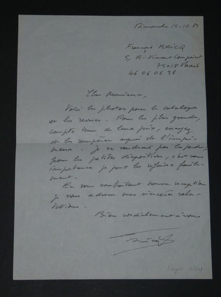 Sergio BIRGA - Lettre autographe sign&eacute;e &agrave; Fran&ccedil;ois Bricq &agrave; propos de photos 1989. Sergio BIRGA