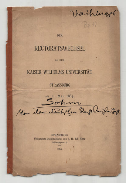 Hans Vaihinger, sp&eacute;cialiste de Kant et Rudolf Sohm - Page de titre sign&eacute;e - 1884. Hans Vaihinger ; Rudolf Sohm