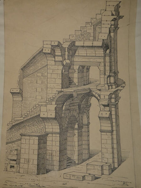 Coupe en perspective de l'Amphith&eacute;&acirc;tre de Nimes - Dessin original sign&eacute;. Louis Henri Laffill&eacute;e