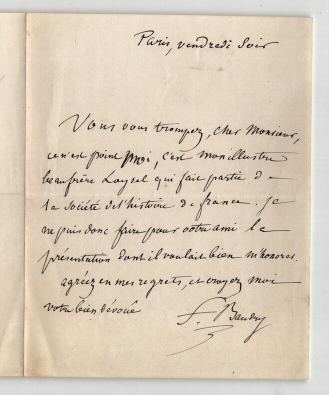 Frederic Baudry, Biblioth&eacute;caire - LETTRE AUTOGRAPHE SIGN&Eacute;E, Paris. Frederic Baudry