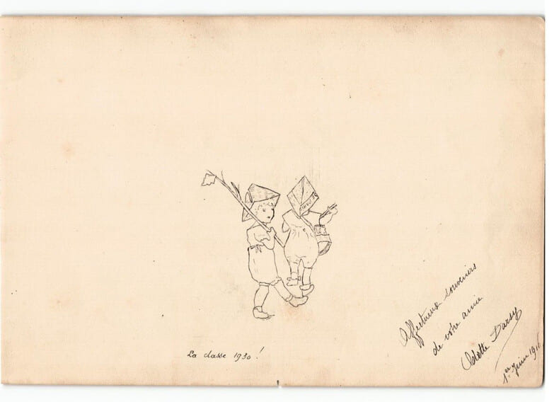Dessin au crayon, 2 enfants de la classe 1930 jouent 1916. 