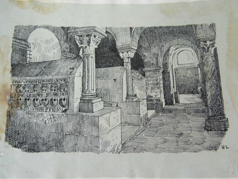 Crypte &eacute;glise de Jouarre (S.-et-M.) VI&egrave;me - Dessin original sign&eacute; &agrave; l'encre vers 1930. Louis Henri Laffill&eacute;e