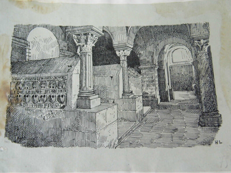 Crypte &eacute;glise de Jouarre (S.-et-M.) VI&egrave;me - Dessin original sign&eacute; &agrave; l'encre vers 1930. Louis Henri Laffill&eacute;e