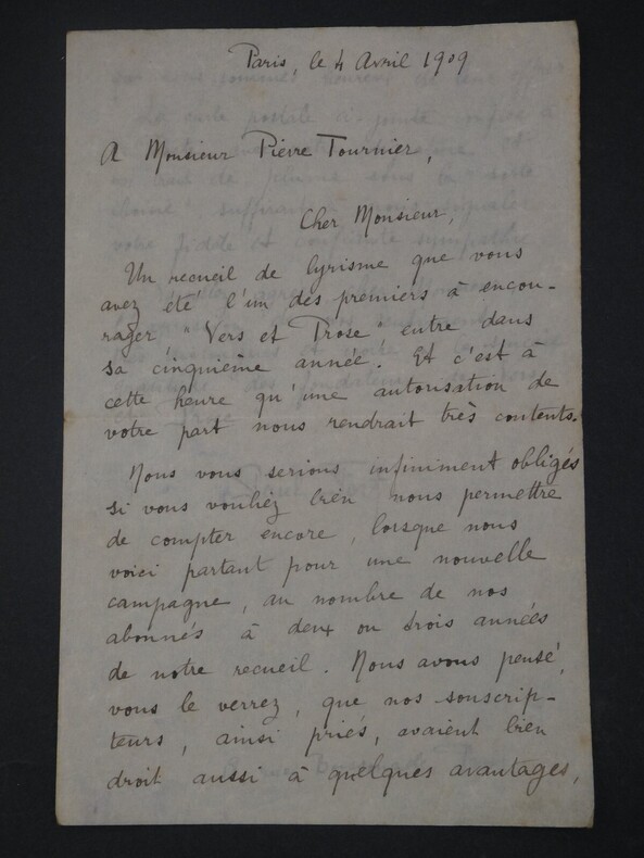 Paul FORT - Lettre autographe sign&eacute;e &agrave; Pierre TOURNIER, Paris, 1909, 2 pages. Paul FORT
