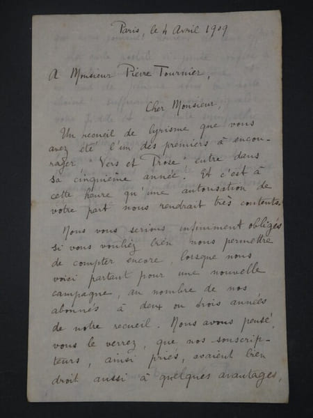 Paul FORT - Lettre autographe sign&eacute;e &agrave; Pierre TOURNIER, Paris, 1909, 2 pages. Paul FORT
