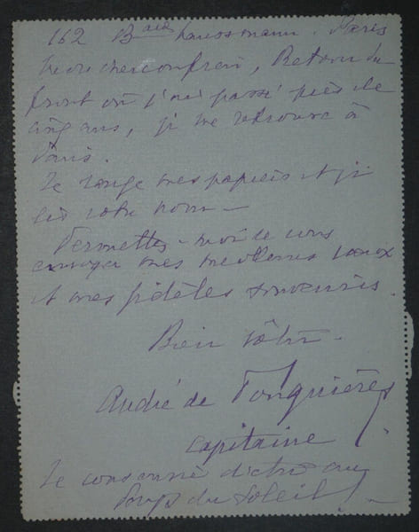 Andr&eacute; de FOUQUI&Egrave;RES - Lettre Autographe sign&eacute;e - "retour de front", Paris. Andr&eacute; de FOUQUI&Egrave;RES