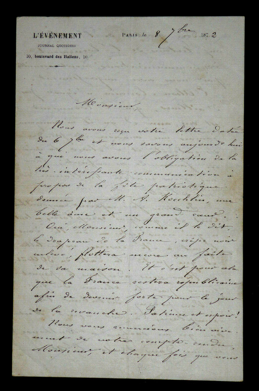 &Eacute;mile RICHEBOURG - LETTRE AUTOGRAPHE SIGN&Eacute;E, Paris, 1872. &Eacute;mile Richebourg